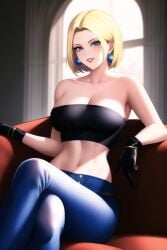 ai_generated bare_shoulders black_gloves blonde_hair blue_eyes blue_mary couch crossed_legs earrings fatal_fury gloves highres jeans king_of_fighters lips midriff nai_diffusion short_hair sitting snk stable_diffusion strapless