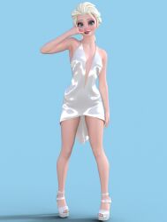 3d 3d_(artwork) blonde_hair blue_eyes call_me_gesture disney dress elsa_(frozen) frozen_(film) no_bra revealing_clothes small_breasts sugamunda toes