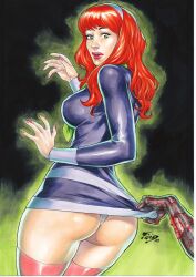 1girls 2022 ass curvaceous curvy_body curvy_figure daphne_blake dress dress_pull ed_benes_studio fred_benes hanna-barbera long_hair looking_back panties red_hair scooby-doo tagme unseen_male_face voluptuous_female white_panties