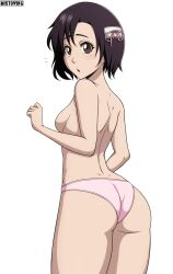 1girls alternate_hairstyle ass back_view bare_back bare_shoulders bleach blush brown_eyes brown_hair embarrassed female female_only hair_down hair_ornament hairclip high_resolution hinamori_momo legs_together looking_at_viewer looking_back loose_hair mistowing no_bra panties petite petite_body pinup rear_view short_hair shy sideboob small_breasts smaller_female solo solo_focus thick_thighs topless underwear untied_hair wide_hips