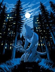 against_tree au_(artist) bent_over boli-blog breasts exposed_breasts full_moon halloween howling human_on_anthro interspecies monster outdoors_sex panties panties_down public public_sex sex shirt_up straight_sex tree trees werewolf