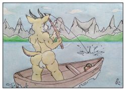 antelope antelope_horn anthro ass athletic athletic_anthro athletic_male backsack balls big_butt blue_eyes bodily_fluids border bovid bovid_horn cheek_tuft cloud dashthefox facial_tuft fishing fishing_line fishing_rod food fruit gazelle gazelle_horn gazelle_tail genitals hi_res horn lake lakeside male mammal mountain muscular nature nature_background naturist nude plant rear_view ship smile solo sweat sweatdrop tail_tuft traditional_media_(artwork) tuft vehicle watercraft white_border wooden