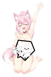 ai_generated animal_ear_fluff armpit barefoot big_breasts blue_eyes blush breasts edited feet female female_only fox_ears fox_girl fox_tail hair_ornament hand_up long_hair nude_female open_mouth open_smile pink_hair seal sissikawaii smiling teeth thick_thighs virtual_youtuber vtuber vtuber_br wariza white_skin