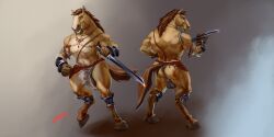 2:1 anthro balls barbell_piercing brown_anus brown_balls brown_hair brown_mane bulge clothed clothing equid equine equine_anus front_view fur genital_outline genitals grey_eyes hair hi_res holding_object holding_sword holding_weapon horse laser_(artist) male male_only mammal mane melee_weapon muscular muscular_anthro muscular_male narrowed_eyes nipple_barbell nipple_piercing nipples penis_outline piercing rear_view shadow signature simple_background skimpy solo standing sword tan_body tan_fur teeth weapon white_loincloth