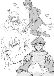 2boys bed_sheet bite_mark blush bulge cowlick elf erection erection_under_clothes greyscale gull_nullminar half-elf juniko_sewick mao_o_moss md5_mismatch monochrome multiple_boys on_bed original pointy_ears resolution_mismatch smug source_smaller yaoi