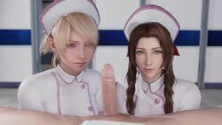 1boy 2girls 3d aerith_gainsborough animated blender_(software) blonde_hair blowjob blue_eyes braid brown_hair cum_in_mouth cumshot erection facial final_fantasy final_fantasy_vii final_fantasy_vii_remake final_fantasy_xv lazyprocrastinator long_hair longer_than_3_minutes looking_at_viewer lunafreya_nox_fleuret no_sound nurse oral penis sound_request square_enix video