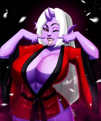 aki_(luhyzi) black_sclera breasts fangs flower_petals horns ladycandy2011 luhyzi oni party_time pointy_ears purple_skin red_kimono red_pupils smile thick_lips white_flowers white_hair wink youkai