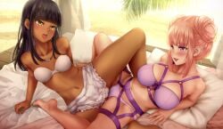 2girls bikini bikini_skirt black_hair breasts candace_crush clothed_tribadism double_bun female female_only game_cg grass hair_bun huniepop huniepop_2 lailani_kealoha large_breasts long_hair midriff multiple_girls navel necklace ninamo o-ring_harness outside palm_tree pillow pink_eyes pink_hair purple_bra purple_panties small_breasts strapless_bikini strapless_swimsuit swimsuit swimsuit_skirt tribadism tribadism_through_clothing white_bikini white_swimsuit yellow_eyes yuri