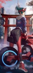 1girls 2d ass ass_focus blizzard_entertainment clothing detailed_background female footwear green_hair kiriko_(overwatch) motorcycle overwatch overwatch_2 pale_skin solo squidsmith_(artist) sukajan_kiriko tagme thick_thighs thighs vehicle