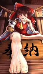 alcohol barefoot brown_hair foot_fetish foot_focus medium_breasts miko pouring_on_feet red_eyes reimu_hakurei ribbon sake smug tagme toenails toes touhou yuuka_(a0240765)