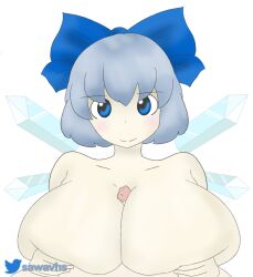 1boy 1boy1girl 1girls big_breasts blue_eyes blue_hair blue_ribbon blush blushing boobjob breasts cirno eyebrows eyebrows_visible_through_hair fairy fairy_wings female huge_breasts ice icicle large_breasts looking_at_viewer male mochagato paizuri pale-skinned_female pale-skinned_male pale_skin sawavhs smile smiling smiling_at_viewer team_shanghai_alice titjob touhou twitter_username unknown_male watermark youkai