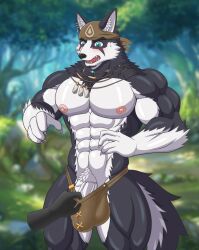 anthro black_body black_fur canid canine canis domestic_dog fur genitals hi_res husky kemo_coliseum male male_only mammal muscular muscular_anthro muscular_male nipples nordic_sled_dog penis solo spitz vein veiny_penis volga white-snow-wolf white_body white_fur