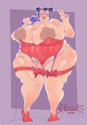 barely_clothed barely_contained big_ass big_belly big_breasts big_butt big_nipples bimbo bimbofication cameltoe drool fat hypnosis lingerie milf moessins oc overweight pink_eyes question_mark tails twin