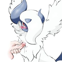 absol chest_fluff chest_fluffjob faceless_male feral human human_hands human_on_feral humanoid_penis just_the_tip offscreen_character offscreen_male pokemon pokemon_(species) wings