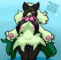 absurd_res anthro areola big_breasts blush breasts felid feline female fur generation_9_pokemon genitals green_body green_fur hi_res leaked_pokemon mammal meowscarada milkteafox nintendo pink_areola pokemon pokemon_(species) pokemon_sv pussy smile solo video_games