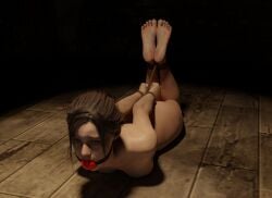 3d 3d_(artwork) arms_behind_back arms_tied arms_tied_behind_back ball_gag bondage bound bound_ankles bound_wrists breasts brown_hair claire_redfield female female_only femsub gag gagged hogtie naked_hogtie on_floor ramzes43 resident_evil resident_evil_2 resident_evil_2_remake rope rope_bondage solo solo_female submissive submissive_female