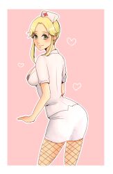 ass ass_in_dress blonde_hair female female_only fishnets fully_clothed green_eyes kaki_cachi kengan_(series) kengan_ashura looking_at_viewer looking_back medium_breasts nurse nurse_cap nurse_uniform pencil_skirt rear_view sideboob sidelocks smile solo yoshizawa_kokomi