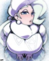 bedroom_eyes big_breasts blue_eyes breasts clothing earrings female female_focus female_only gym_leader legendofnerd looking_at_viewer melony_(pokemon) nintendo pokemon pokemon_ss seductive solo