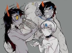 :>= aranea_serket ball_sucking balls clownstongue collaborative_fellatio collar fellatio glans glasses grey_skin homestuck horns human hypnosis mind_control oral oral_sex orientation_play rose_lalonde teamwork troll unseen_male_face vriska_serket