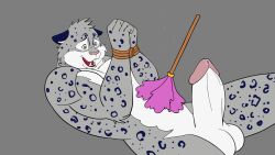 animated anthro balls bearpistol bodily_fluids brush brushing cleaning_tool feather_duster felid genital_fluids genitals hi_res loop male male_only mammal nej_plumen pantherine precum snow_leopard solo tickling