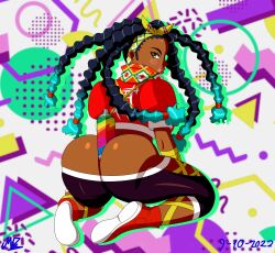 ass ass_cleavage ass_focus big_ass big_lips black_hair braids butt_crack dark-skinned_female dark_skin kimberly_jackson looking_at_viewer looking_back mow_(artist) solo spray_can street_fighter street_fighter_6 streetwear