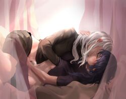 2girls bed black_hair black_shirt black_shorts breast_grab breasts byleth_(fire_emblem) byleth_(fire_emblem)_(female) canopy_bed closed_eyes clothes_lift edelgard_von_hresvelg female female_only fingering fingering_partner fire_emblem fire_emblem:_three_houses grabbing hand_under_clothes hand_under_shirt hand_under_shorts highres indoors kissing lifted_by_another lin_(cloverholic) long_hair lying medium_breasts midriff multiple_girls navel nintendo on_back shirt shirt_lift short_shorts short_sleeves shorts stomach straight_hair vaginal_penetration vulva_handjob white_hair yuri