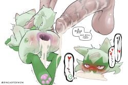 absurd_res after_sex anal anal_penetration anthro anus balls biped blush bodily_fluids cum cum_in_ass cum_in_mouth cum_inside duo floragato gaping gaping_anus generation_9_pokemon genital_fluids genitals green_body half-erect heart hi_res human_on_pokemon leaked_pokemon leaking_cum male male/male male_only nintendo pawpads penis pink_eyes pokemon pokemon_(species) pokemon_sv rear_view simple_background sincastermon tears text url video_games white_background