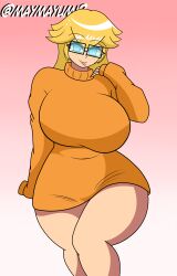 1girls areolae big_breasts blonde_hair blue_eyes breasts busty chubby chubby_female cosplay crossover curvy curvy_body curvy_female curvy_figure curvy_hips female female_only freckles fusion glasses huge_breasts large_breasts mario_(series) maymayumi2 nintendo on_knees princess_peach scooby-doo simple_background smiling tagme velma_dinkley