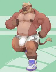 animal_humanoid anthro anthrofied bara barazoku beard bulge bull bull_horns facial_hair flaccid furry horns humanoid jogging male male_only muscles muscular solo solo_male sweatdrop tail tylerstark underwear