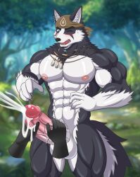 anthro black_body black_fur canid canine canis domestic_dog fur genitals hi_res husky kemo_coliseum male male_only mammal muscular muscular_anthro muscular_male nipples nordic_sled_dog penis solo spitz vein veiny_penis volga white-snow-wolf white_body white_fur