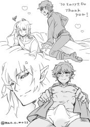 2boys bed_sheet bite_mark blush bulge cowlick elf erection erection_under_clothes greyscale gull_nullminar half-elf juniko_sewick mao_o_moss md5_mismatch monochrome multiple_boys on_bed original pointy_ears resolution_mismatch smug source_smaller yaoi