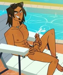 alejandro_burromuerto_(tdi) cafeconleshee cumming dark_skin jacking_off male_only masturbation muscular_male pecs penis_grab pool sunglasses_on_head total_drama_island