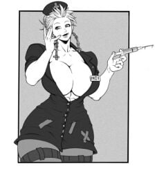 abs breasts dorohedoro earrings haction_(artist) hair_bun hourglass_figure licking_lips lipstick massive_breasts muscular muscular_female noi_(dorohedoro) nurse pinup syringe thick_thighs thighhighs tied_hair voluptuous