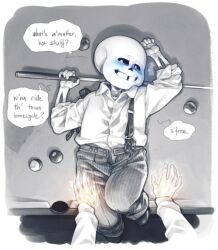 2boys 2d blue_blush blush blush_lines dialogue drunk drunk_bubble frostious fully_clothed gay grillby hand_on_thigh mafia male male/male male_only pants_undone pool_table pov sans snooker_table sprawled suspenders text undertale undertale_(series) viewed_from_above