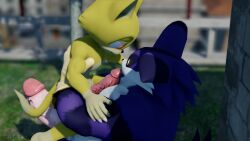 16:9 3d_(artwork) anonymous_artist anthro big_penis big_the_cat circumcised digital_media_(artwork) domestic_cat duo erection fan_character felid feline felis fur genitals hand_on_shoulder held_up hi_res humanoid_genitalia male male/male mammal muscular pecjob pecs penis public public_nudity public_sex purple_body purple_fur red_eyes sega sex sonic_(series) sonic_the_hedgehog_(series) vein veiny_penis widescreen yellow_body yellow_eyes yellow_fur