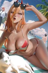 1boy armpits bangs beach bikini blonde_hair breasts chainsaw_man character_in_background cleavage denji_(chainsaw_man) fangs feline female female_focus hi_res higashiyama_kobeni horns large_breasts long_hair looking_at_viewer lying makima_(chainsaw_man) male meowy_(chainsaw_man) multiple_girls navel one_arm_up open_mouth power_(chainsaw_man) red_horns solo_focus sunglasses sunglasses_on_head thighs zumi