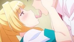 1boy 1girls animated bathroom blonde_hair blush close-up female french_kiss hair_ribbon hands_on_another's_face highres honoo_no_haramase_oppai_ero_appli_gakuen kisaragi_kyouko kissing looking_at_another looking_pleasured male open_mouth orange_eyes passionate ponytail ribbon saliva sex tongue tongue_out video