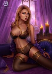 1girls 2d blonde_hair blue_eyes bra female female_only jaina_proudmoore lingerie long_hair moonbound panties solo solo_female stockings underwear world_of_warcraft