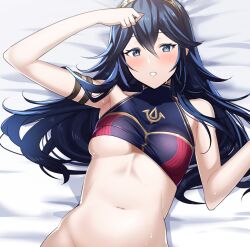 1girls alternate_costume ameno_(a_meno0) armpits bangs bikini blue_bikini blue_eyes blue_hair blue_swimsuit blush bottomless breasts commentary_request female female_only fire_emblem fire_emblem_awakening fire_emblem_cipher hair_between_eyes jewelry long_hair looking_at_viewer lucina_(fire_emblem) lucina_(summer)_(fire_emblem) lying medium_breasts navel nintendo official_alternate_costume on_bed solo stomach sweat swimsuit symbol-shaped_pupils tiara underboob