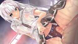 1boy arm_behind_back bangs black_panties black_ribbon blue_eyes blush censored closed_mouth clothes_lift collared_shirt covered_nipples cowgirl_position dutch_angle female game_cg grey_skirt hair_between_eyes indoors lifted_by_self long_hair miniskirt mosaic_censoring muchimuchi_dakara_mukumuku_shita_~osananajimi_to_no_sugoshikata~ neck_ribbon panties penis pleated_skirt ribbon sailor_collar sailor_shirt school_uniform see-through see-through_shirt shirai_karen shirt short_sleeves skirt skirt_lift smile straight underwear very_long_hair wet wet_clothes wet_panties wet_shirt white_hair white_sailor_collar white_shirt yoppy