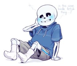 1boy 2d blue_blush blush blush_lines confused confused_look confusion dialogue embarrassed frostious fully_clothed male_only sans sweat sweatdrop sweating sweaty text undertale undertale_(series) viewer_perspective white_socks