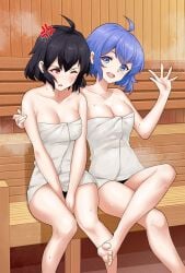 2girls ahoge anger_vein bare_legs bare_shoulders barefoot black_hair blue_eyes blue_hair breasts commission crossed_legs dual_persona english_commentary facing_viewer female female_only fire_emblem fire_emblem_awakening fire_emblem_heroes grima_(fire_emblem) highres igni_tion looking_at_another looking_at_viewer medium_breasts medium_hair morgan_(female)_(devoted_darkness)_(fire_emblem) morgan_(fire_emblem) morgan_(fire_emblem)_(female) multiple_girls multiple_persona naked_towel nintendo one_eye_closed red_eyes sauna short_hair sweating toes towel towel_only