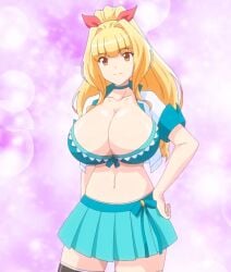 1girls big_breasts blonde_hair breasts busty cleavage confident conscious hand_on_hip highres honoo_no_haramase_oppai_ero_appli_gakuen kisaragi_kyouko large_breasts legs light-skinned_female looking_at_viewer midriff navel orange_eyes pale-skinned_female pink_pineapple ponytail pose posing screencap sensual seven_(animation_studio) smile solo solo_female stitched thick_thighs thighs third-party_edit voluptuous yellow_hair