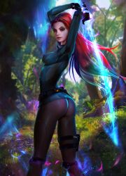 1girls ass bodysuit busty dat_ass demonlorddante ghost_sword long_hair looking_at_viewer looking_back nipple_bulge petite posing posing_with_weapon red_eyes red_hair skin_tight slim_waist smile sword weapon