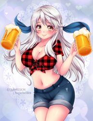 1girls alcohol alternate_costume artist_name bangs beer beer_mug blush breasts checkered_clothes checkered_shirt cleavage commission cowboy_shot cropped_shirt cup denim denim_shorts english_commentary female female_only fire_emblem fire_emblem:_radiant_dawn grey_hair half_updo holding holding_cup large_breasts long_hair looking_at_viewer micaiah_(fire_emblem) midriff mug navel nintendo plaid_shirt shirt shorts smile solo sugarbell tied_shirt twin_peaks_(restaurant) yellow_eyes