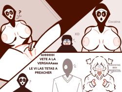 alternate_(mandela_catalogue) analog_horror blank_expression gabriel_(mandela_catalogue) intruder_(mandela_catalogue) large_breasts mandela_catalogue monster monster_girl n_(mandela_catalogue) nightmare_waifu nun preacher_(mandela_catalogue) simple_background spanish_text tagme