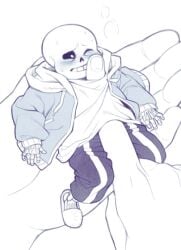 2d bitty blue_blush blush blush_lines blushing embarrassed frostious hand_on_crotch hand_up_shirt male male_only micro micro_male micro_on_macro nervous nervous_sweat one_eye_closed sans sweat sweatdrop sweating sweaty undertale undertale_(series) undertale_sans