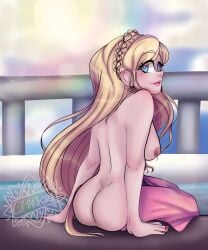 ass blonde_hair blue_eyes breasts danganronpa danganronpa_2:_goodbye_despair female_only mnsterfxcker pale_skin pool poolside princess round_ass sitting skinny_dipping sonia_nevermind straight_hair super_danganronpa_2