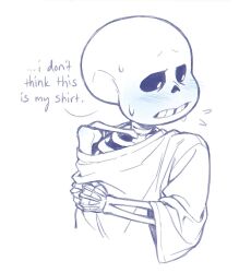 1boy 2d blue_blush blush blush_lines cute cute_expression cute_face cute_male dialogue embarrassed frostious male_only off_shoulder oversized_clothes oversized_shirt sans shirt_down text undertale undertale_(series) wearing_others_clothes