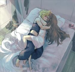 1boy 1girls aerith_gainsborough bedroom blonde_hair closed_eyes clothed cloud_strife cuddling embrace embracing female final_fantasy final_fantasy_vii hand_in_hair hand_on_head holding_partner hug hugging kissing legs_intertwined long_hair making_out male male/female morning on_bed passionate romantic straight suggestive wholesome